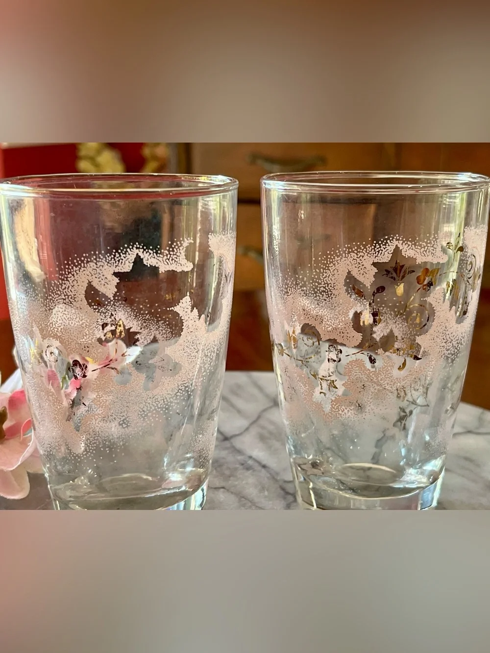 VTG Libbey Duchess Pink Gold Floral Tumbler Glasses Mid Century Modern Set of 2